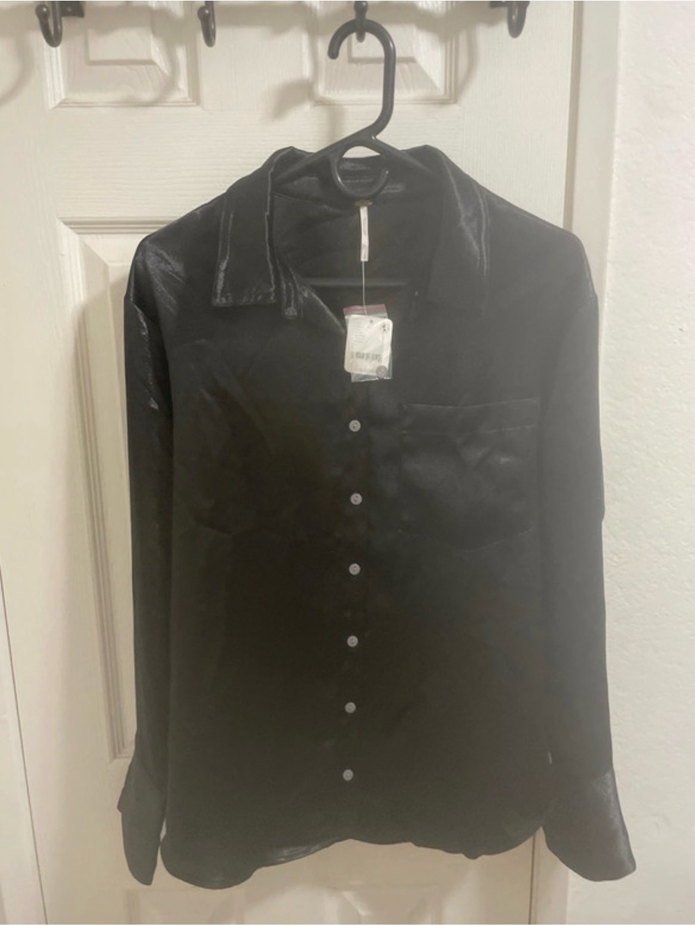 Free People Black Satin Button-Down Shirt